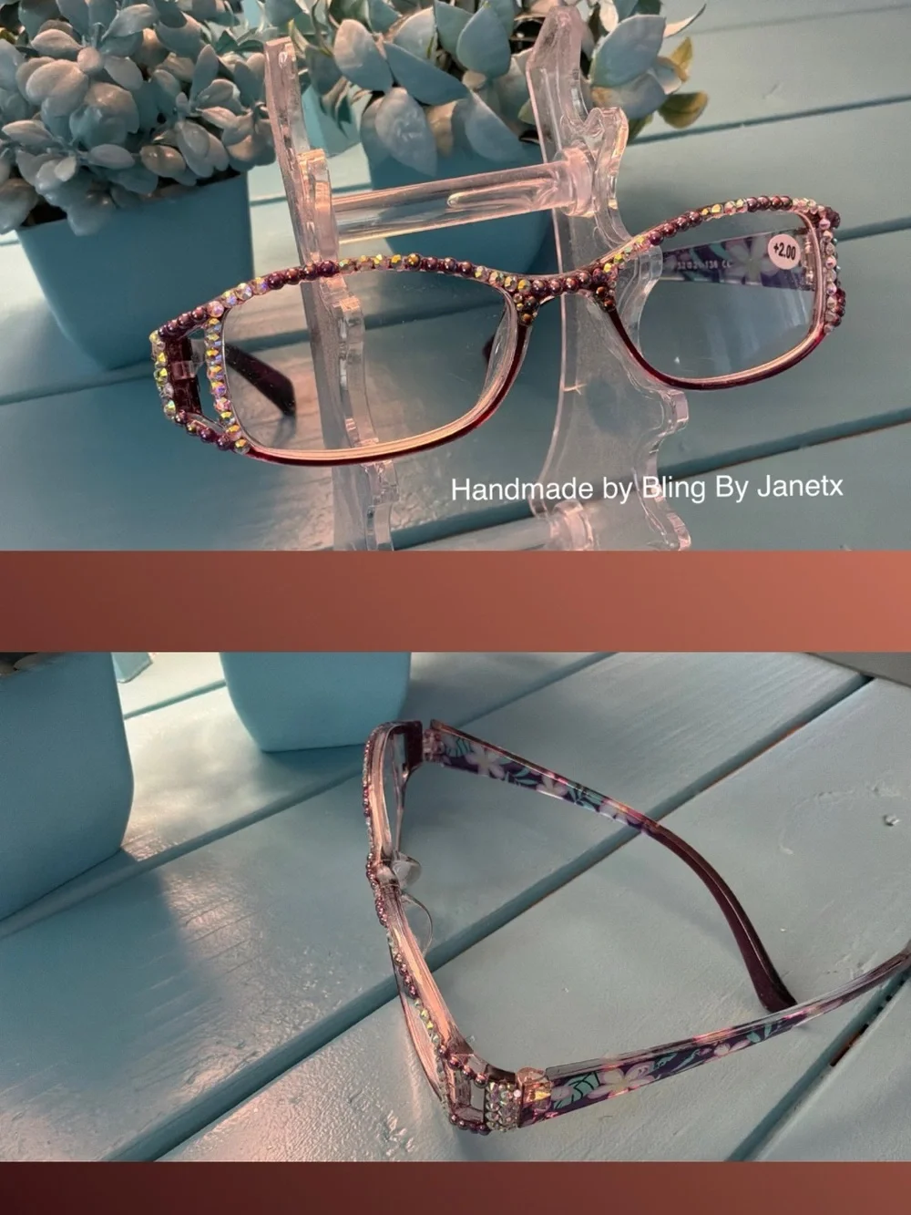 Handmade Bling Reading Glasses (+2.00) -Rhinestone & Faux Pearls